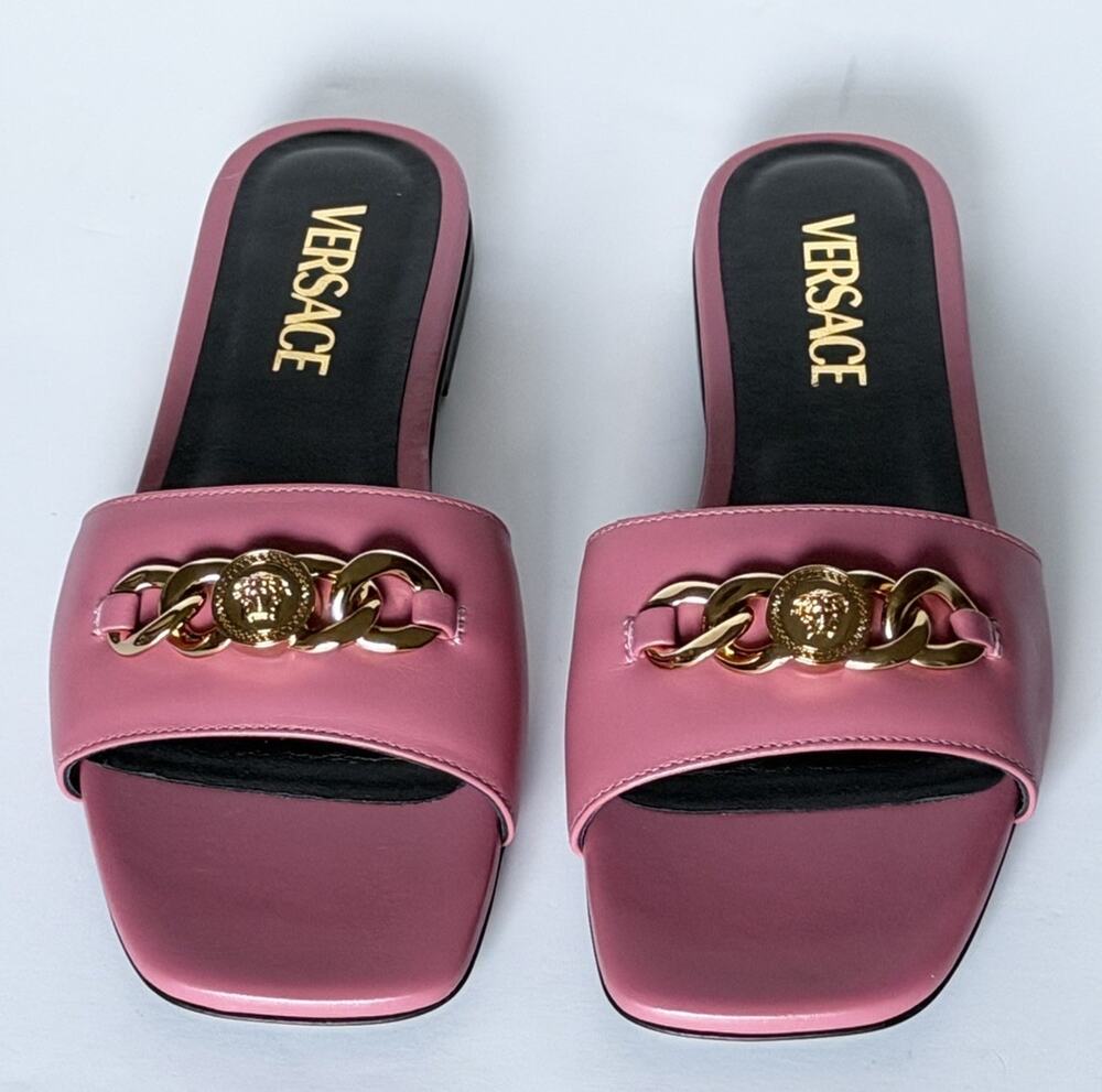 Versace Icon Chain Leather Slide Sandals Strawberry Jam 7 US 37 Eu 1022706 NIB